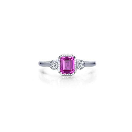 Emerald-cut pink tourmaline ring, simulated diamonds.