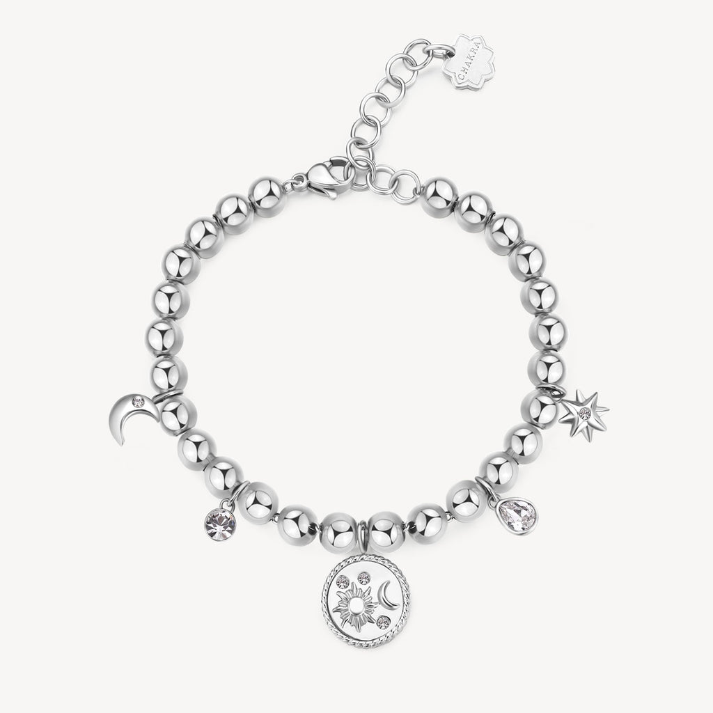 White stainless steel bracelet with crystal charms.