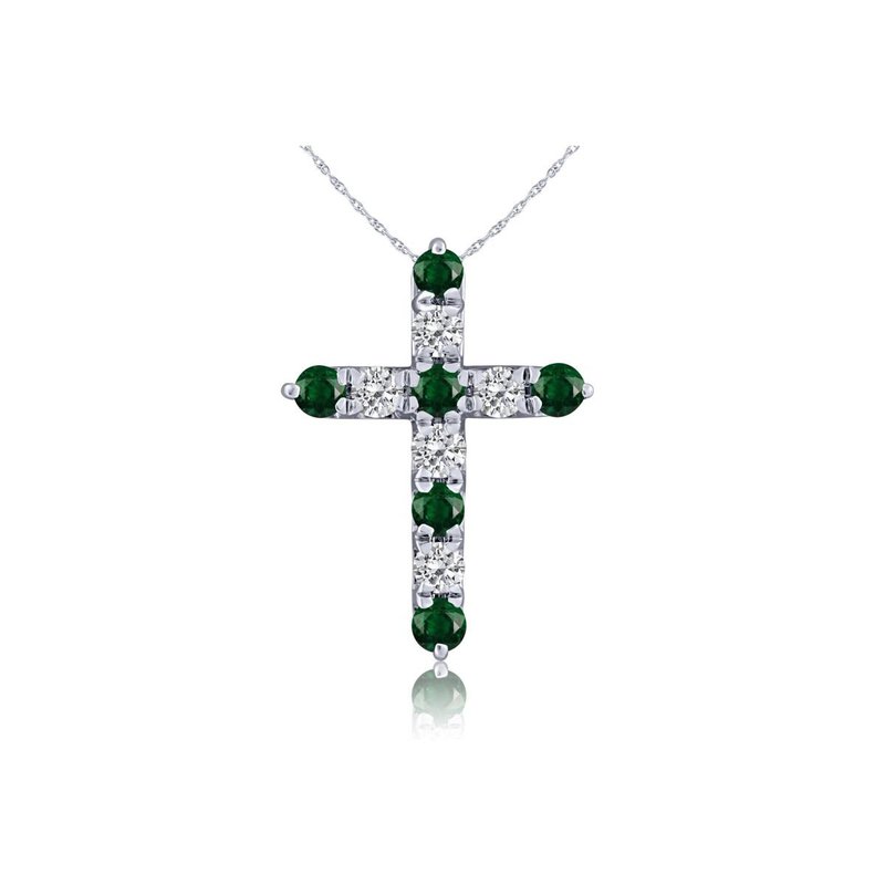 Emerald and diamond cross pendant necklace.