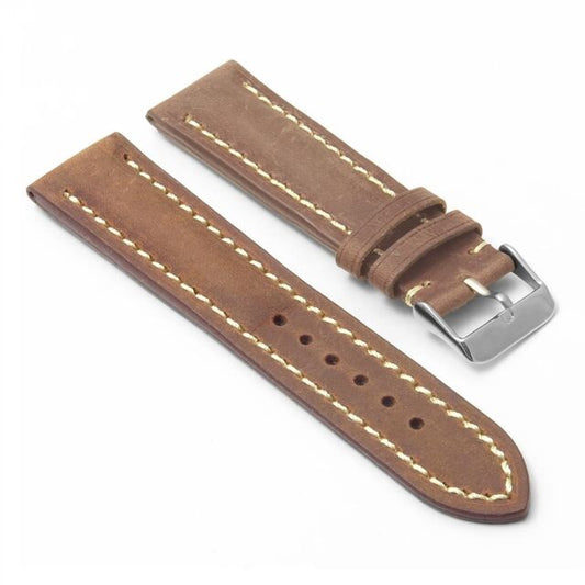 Tan leather watch band with stitching.