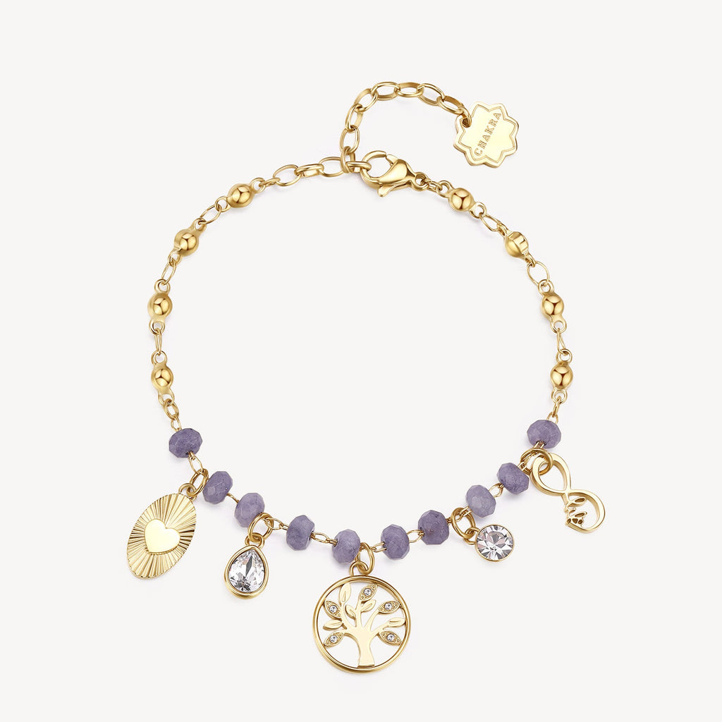 Yellow stainless steel bracelet with purple chalcedonies.
