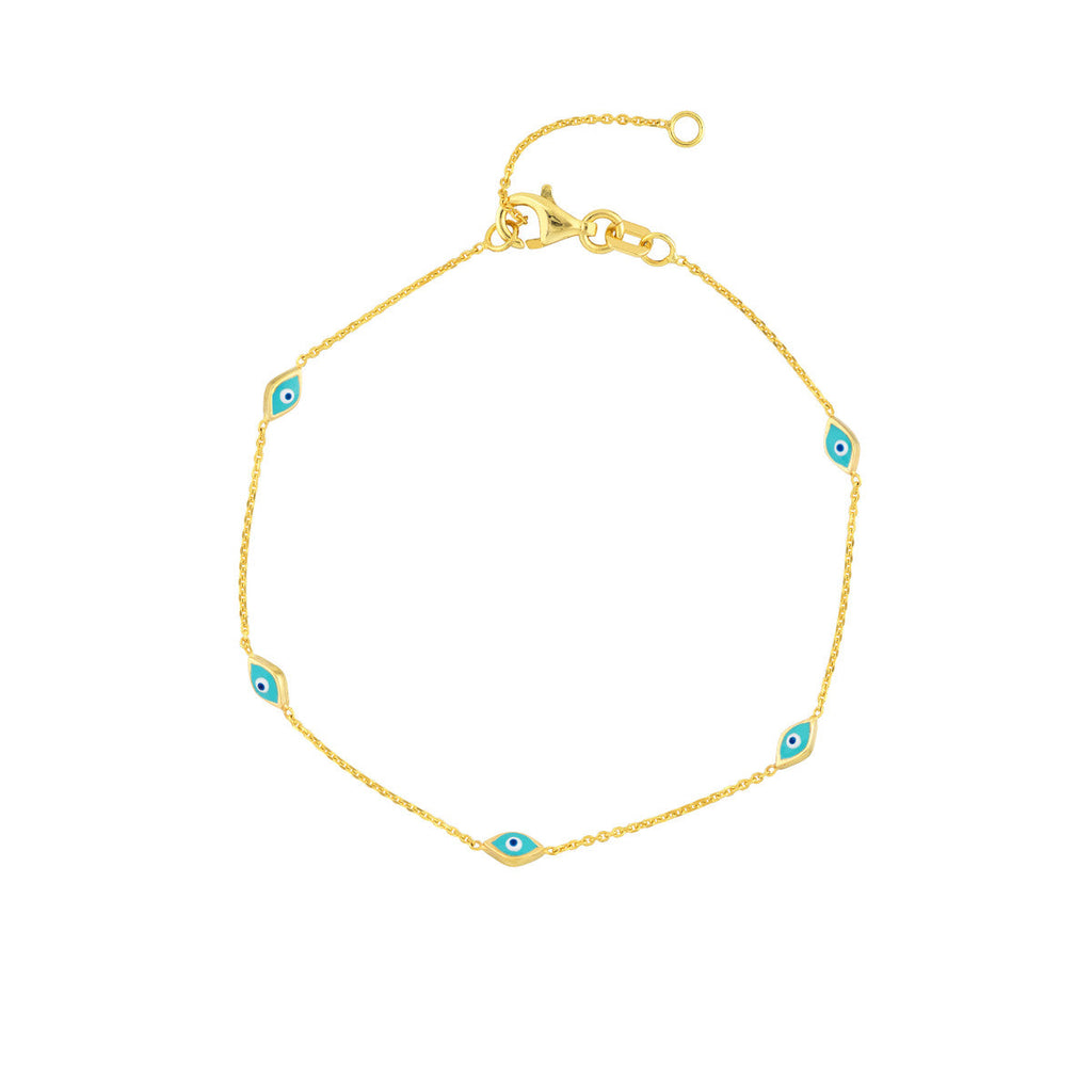14K yellow gold ankle bracelet, evil eye design.