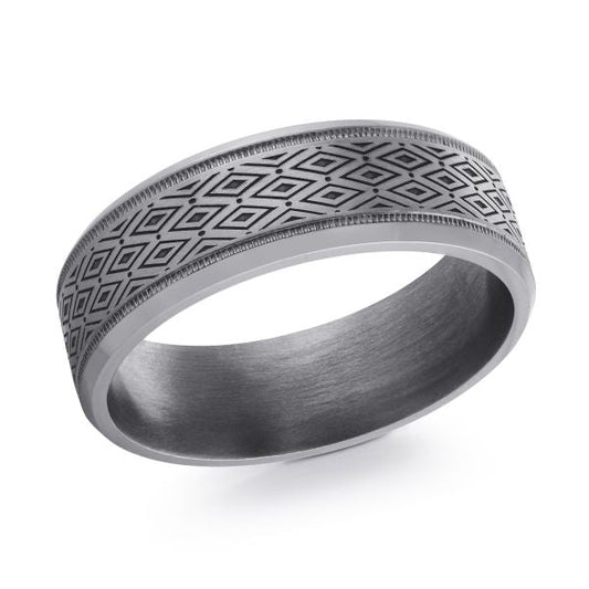 Tantalum band with geometric carved pattern.