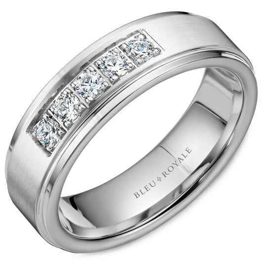 White gold band with five round diamonds.