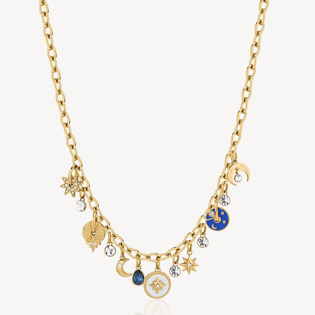 Yellow stainless steel necklace with colorful gemstones.