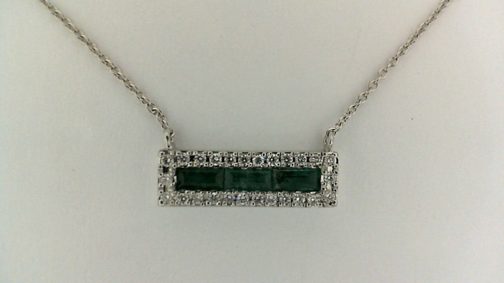 Emerald and diamond bar necklace.