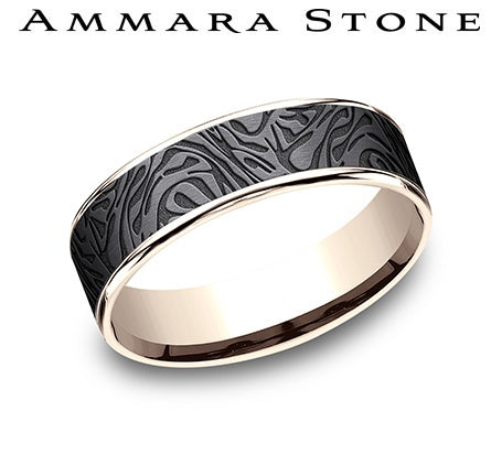 Tantalum band with carved design, rose gold edges.