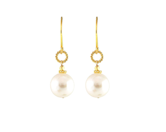 Gold-filled drop earrings with round pearls.