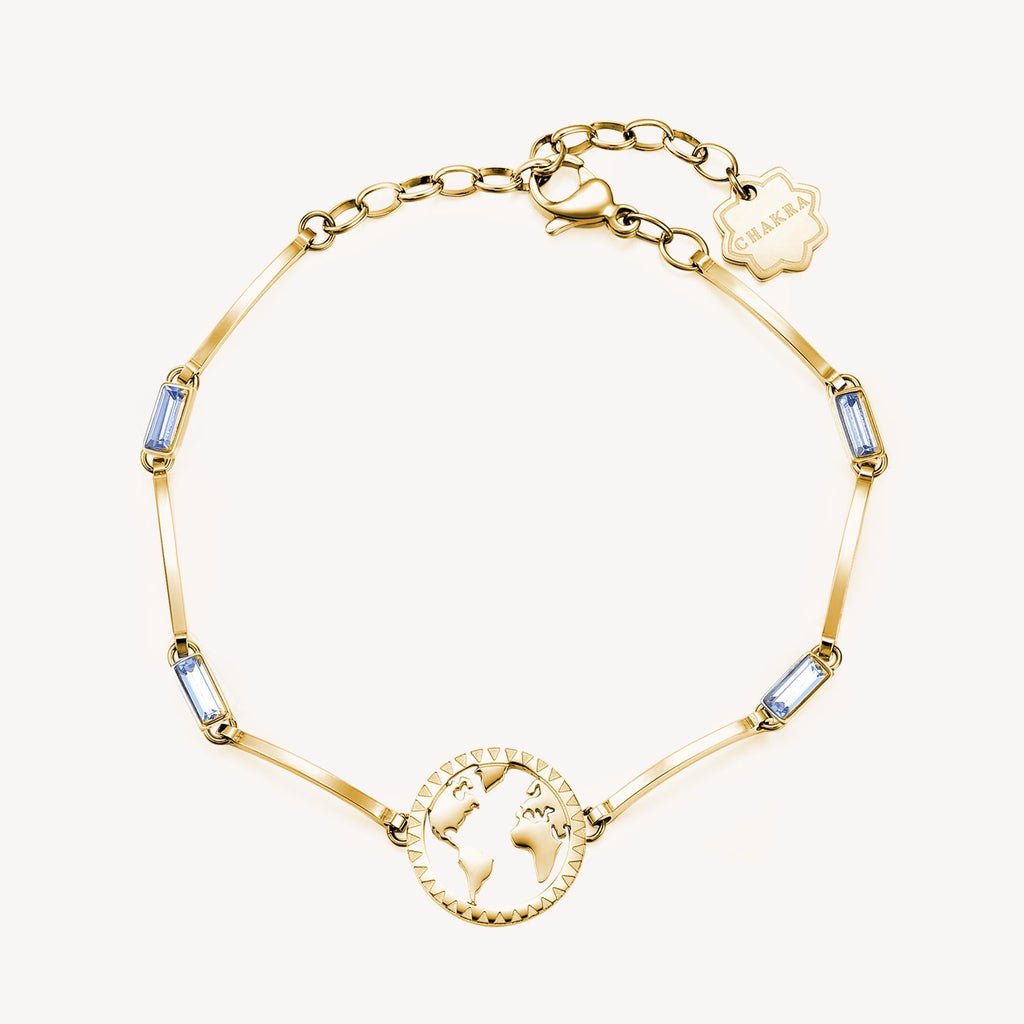 Yellow bracelet with blue gemstones and world charm.