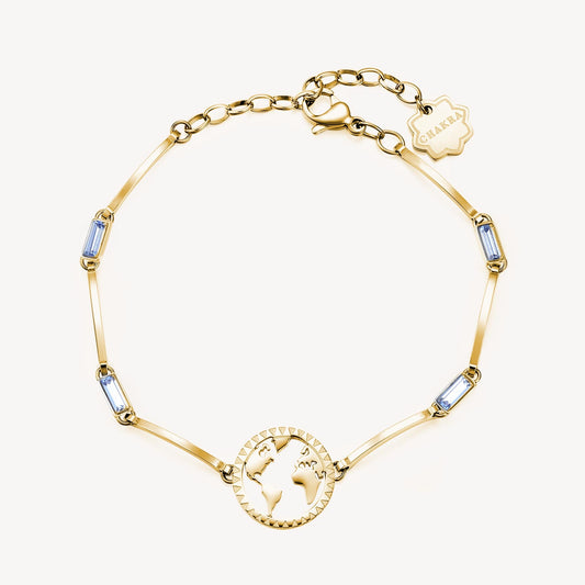 Yellow bracelet with blue gemstones and world charm.