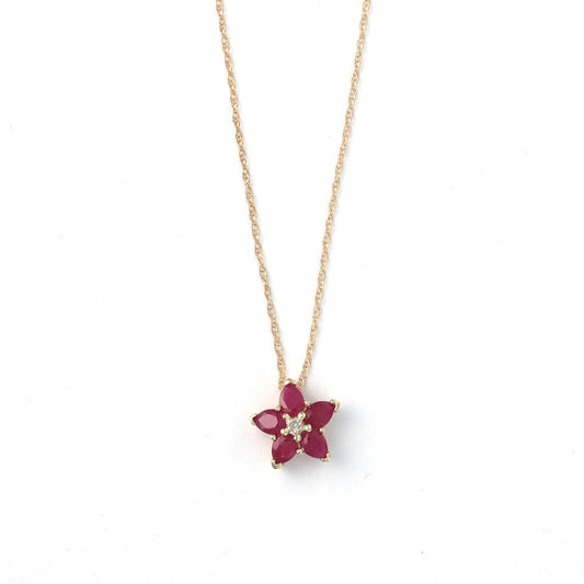 Pear-shaped ruby flower pendant, gold chain.