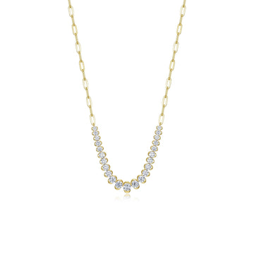 Yellow paperclip necklace with round simulated diamonds.