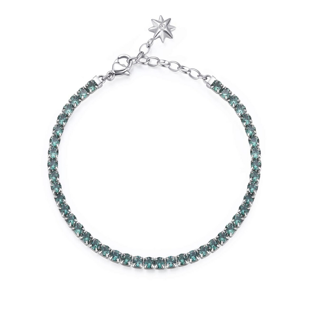 Stainless steel bracelet with teal stones.