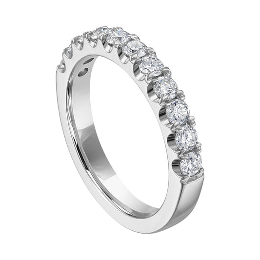 14K white gold band with round diamonds.