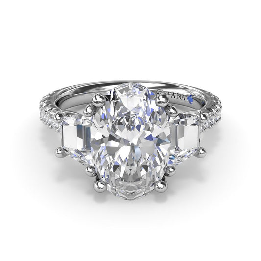 Three-stone diamond ring in white gold.