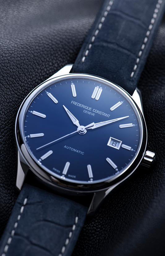 Blue dial stainless steel automatic men's watch.