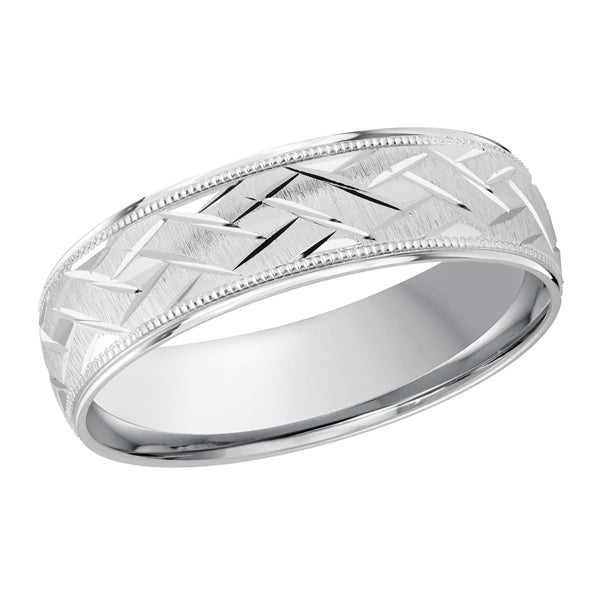 Carved 14K white gold band, diamond-cut finish.