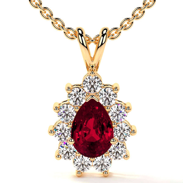 Pear-shaped ruby pendant with diamond halo.