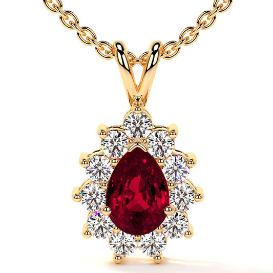 Pear-shaped ruby pendant with diamond halo.