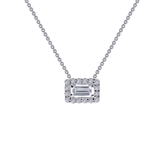 Emerald-cut simulated diamond necklace, platinum silver.