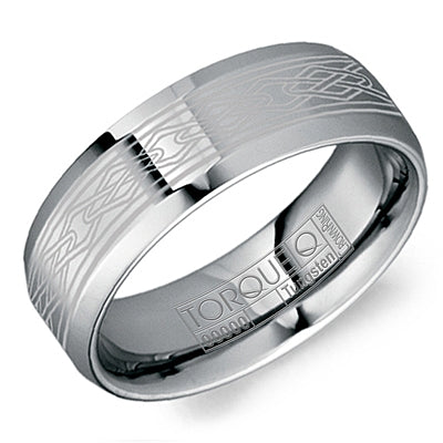 Tungsten carbide band with intricate carved design.