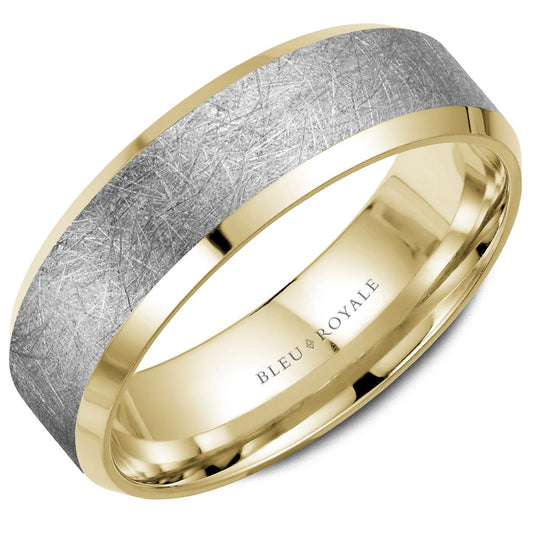 14K white-yellow gold carved band, wire-brushed finish.