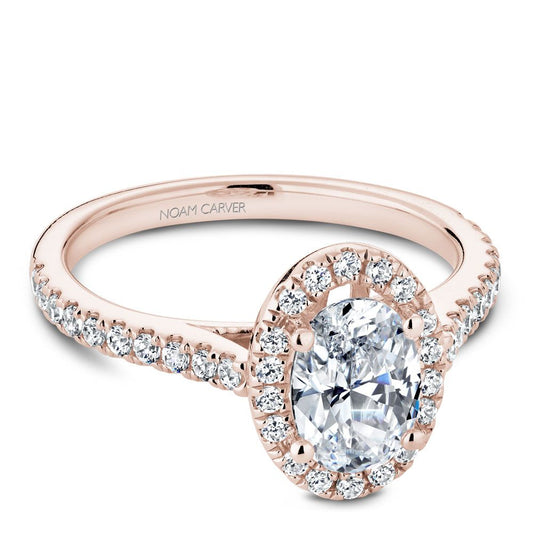 Rose gold diamond halo engagement ring.