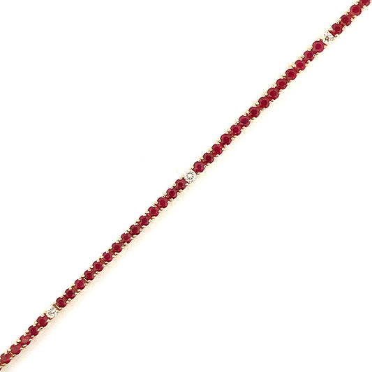 Color Gemstone Bracelet in 14 Karat Yellow with 69 Round Rubies 4.83ctw