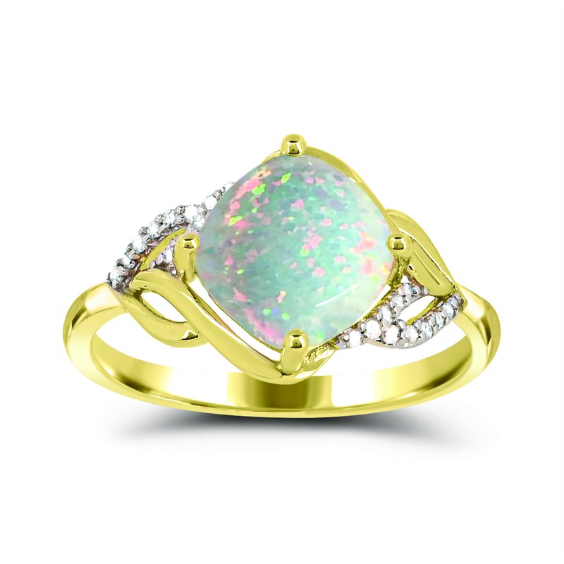 Cushion opal ring with diamond halo.