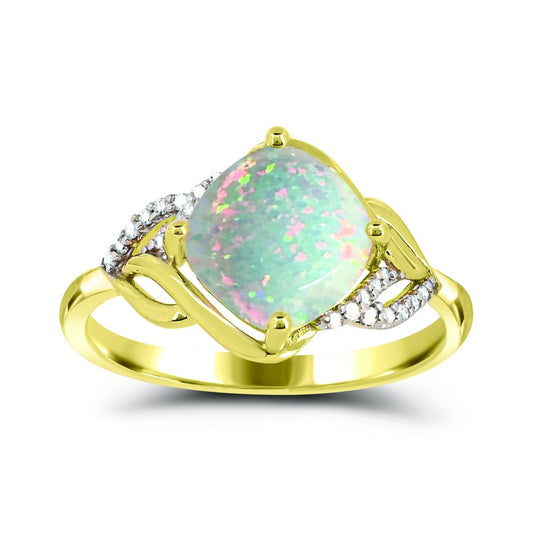 Cushion opal ring with diamond halo.