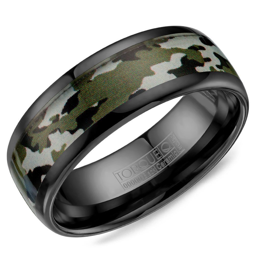 Black ceramic band with camouflage design.