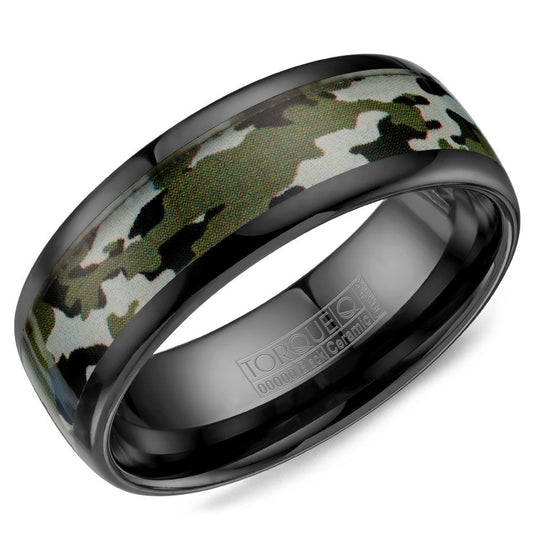 Black ceramic band with camouflage design.