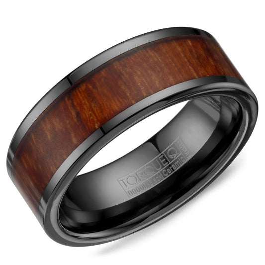 Black ceramic band with brown wood inlay.