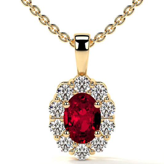 Ruby pendant with diamond halo, yellow gold.