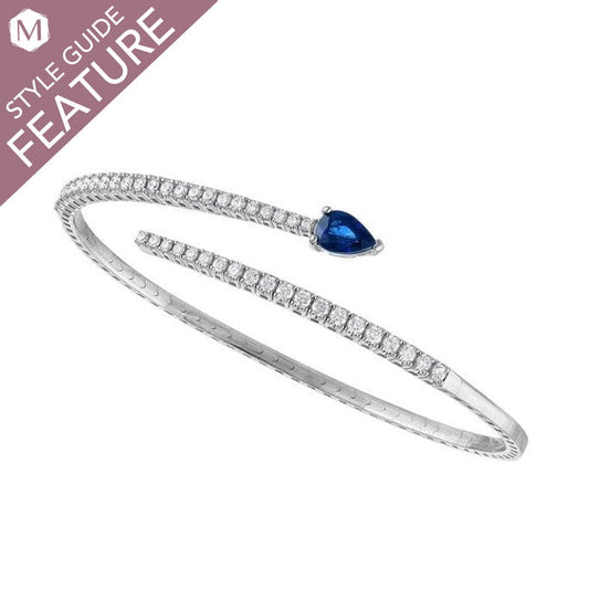 Pear-shaped sapphire, diamond bangle bracelet.