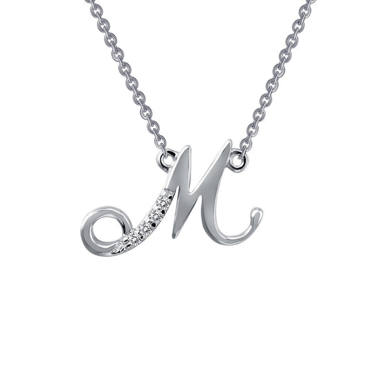 "M" necklace with simulated diamonds, platinum finish.