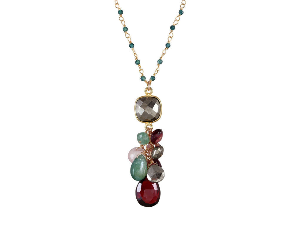 Gold-filled necklace with pyrite and colorful gemstones.