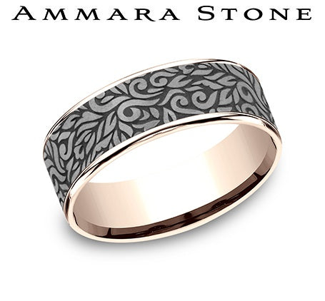 Tantalum rose gold band with carved pattern.