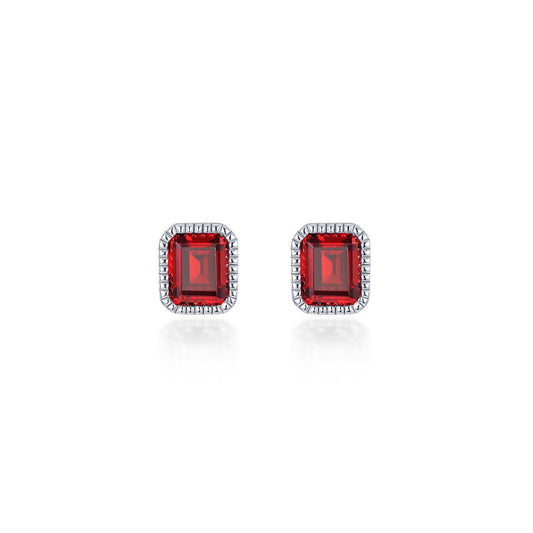Emerald-cut red garnet stud earrings.