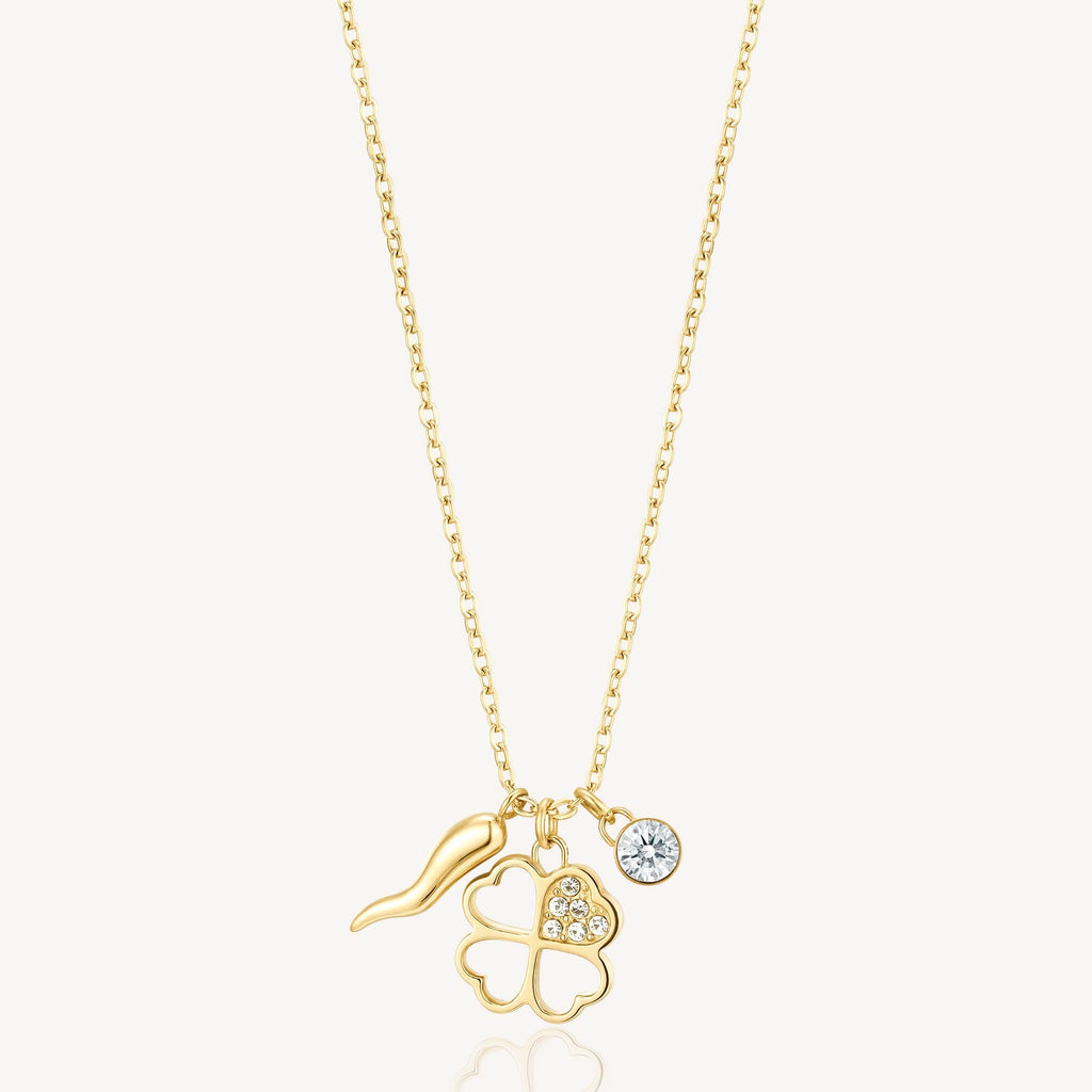 Clover necklace with simulated diamonds, yellow finish.