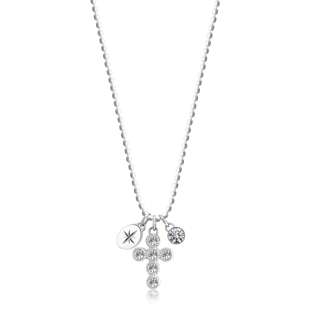 Stainless steel cross necklace with gemstones.