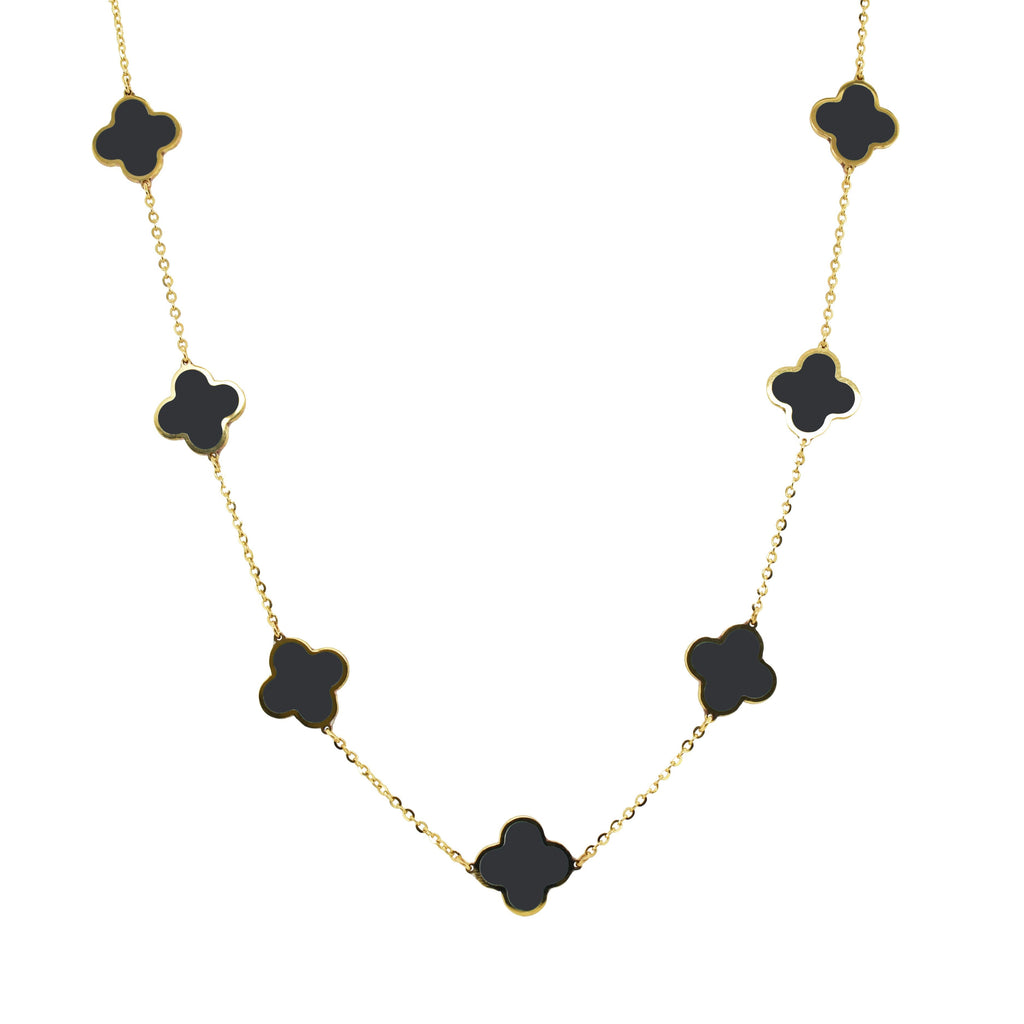 14K gold necklace with clover-shaped onyx stones.