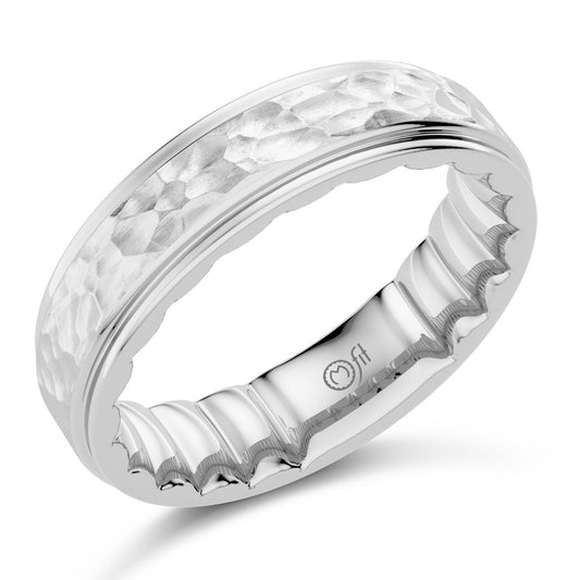 Hammered satin 14K white-yellow band.