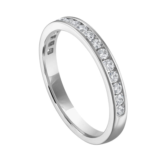 14K white gold band with round diamonds.