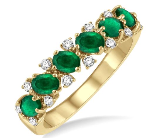 14K yellow band with emeralds, diamonds.