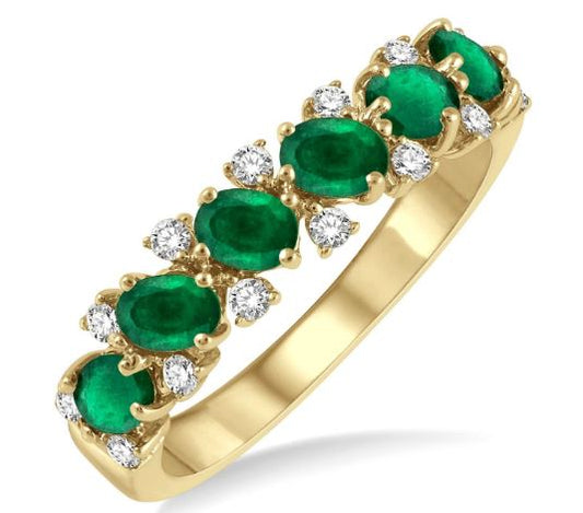 14K yellow band with emeralds, diamonds.