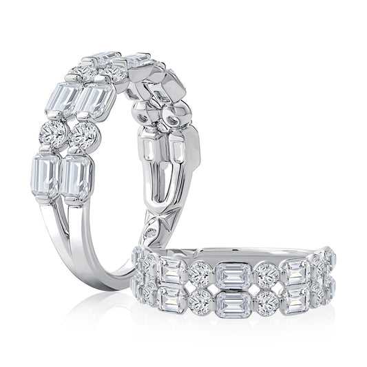 Emerald and round diamond white gold band.