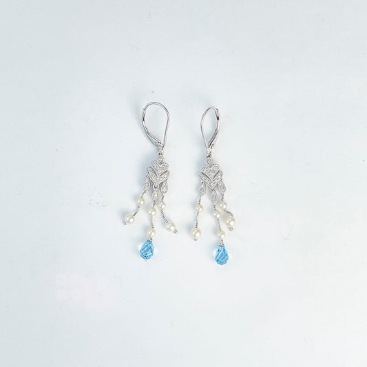 ReMARKable Estate Dangle Color Gemstone Earrings in 14 Karat White Gold with 2 Tear Drop Aquamarines