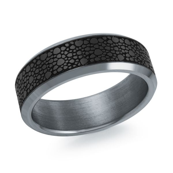 Tantalum band with black carved design.