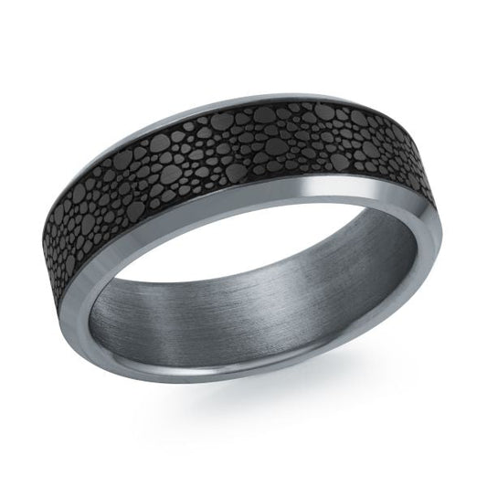 Tantalum band with black carved design.